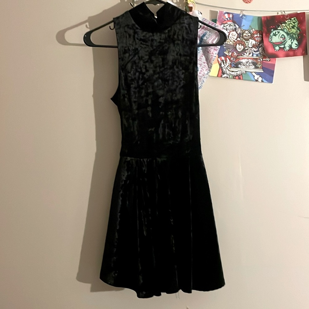 Revamped black velour dress romper with lace back